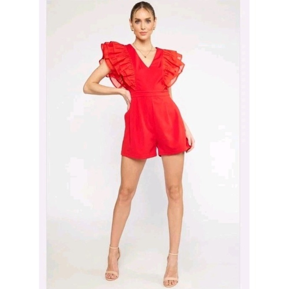 Entro Ruby Red Ruffle Sleeve Romper V-Neck Pockets Medium